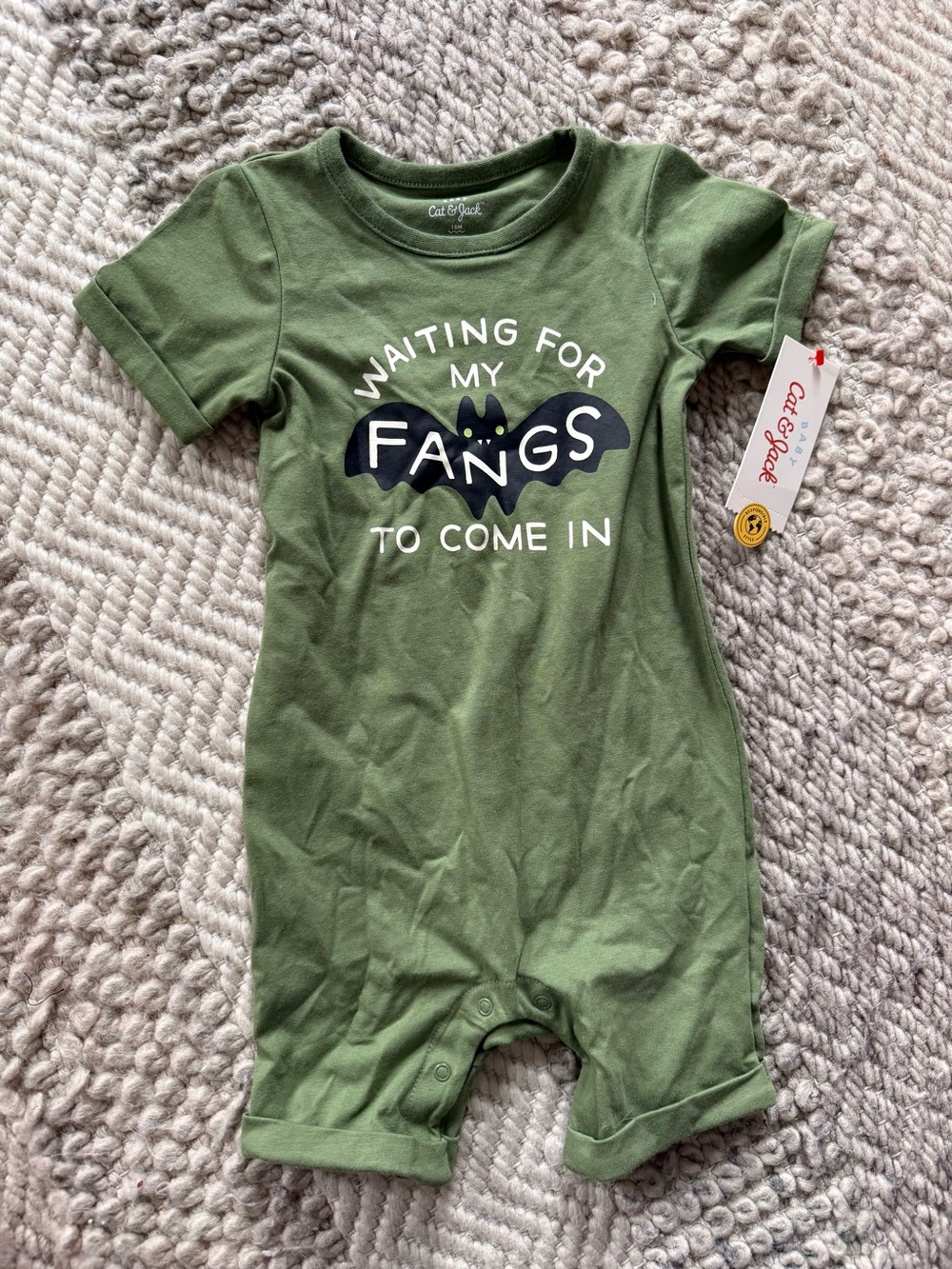 Cat & Jack Olive Green Baby One-Piece Romper with Bat Graphic 18 months